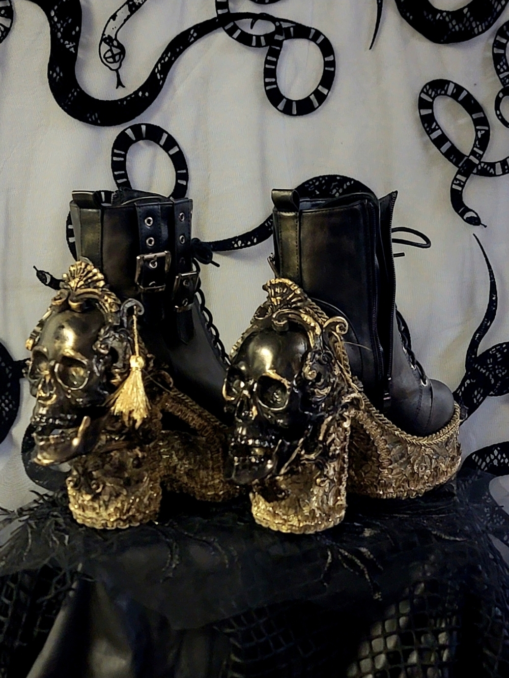 Hand Crafted Black and Gold Skull-Heel Platform Boots - Women
